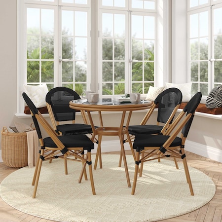 Flash Furniture Marseille French Bistro 31.5in. Table, Black Textilene, Glass Top w/4 Stack Chairs - Natural Frame SDA-AD641011-80-4107-BK-NAT-GG